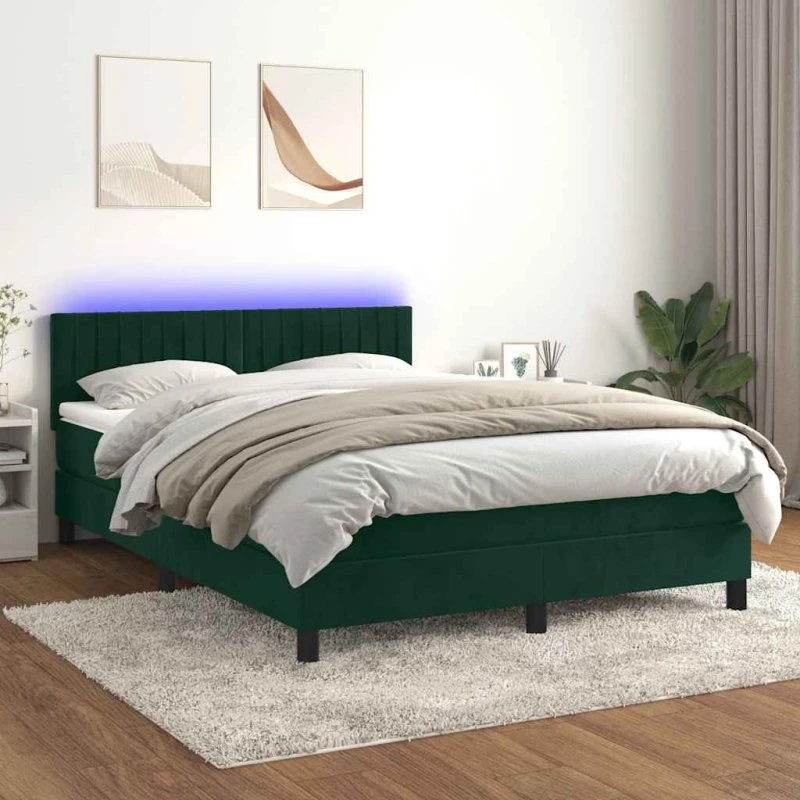 Kontinentalseng 140x190 cm i mørkegrøn fløjl med LED-lys