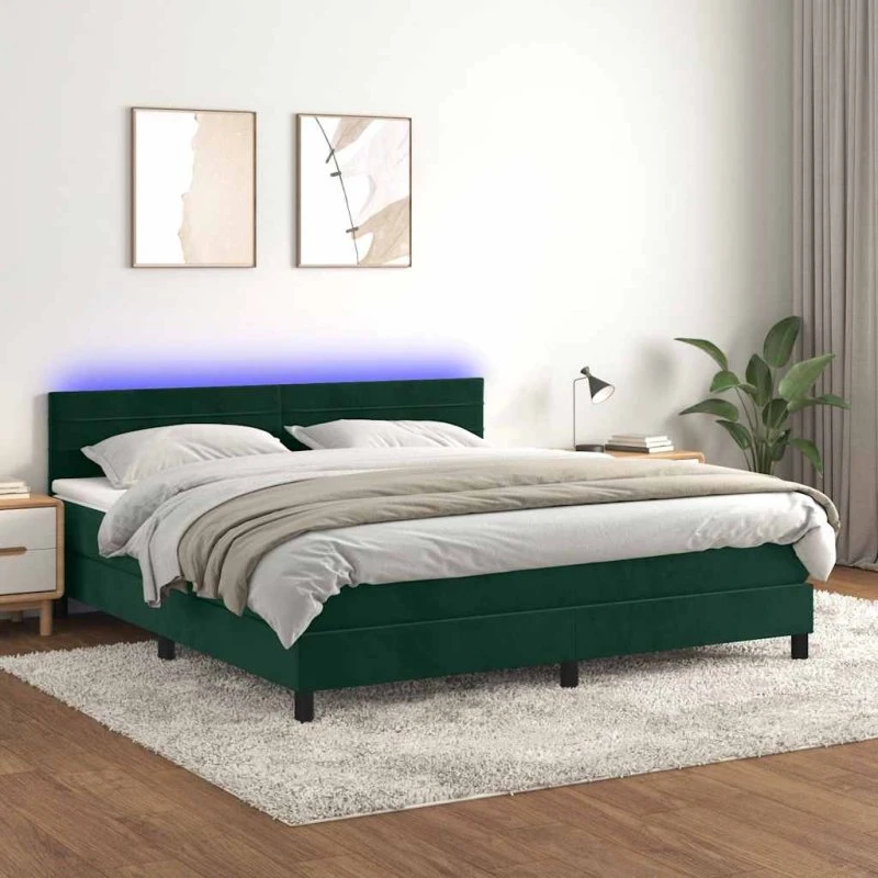 Kontinentalseng 160x200 fløjl med madras og LED-lys - mørkegrøn