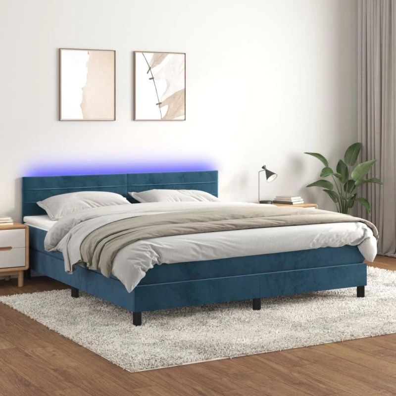 Kontinentalseng 160x200 med madras og LED fløjl mørkeblå