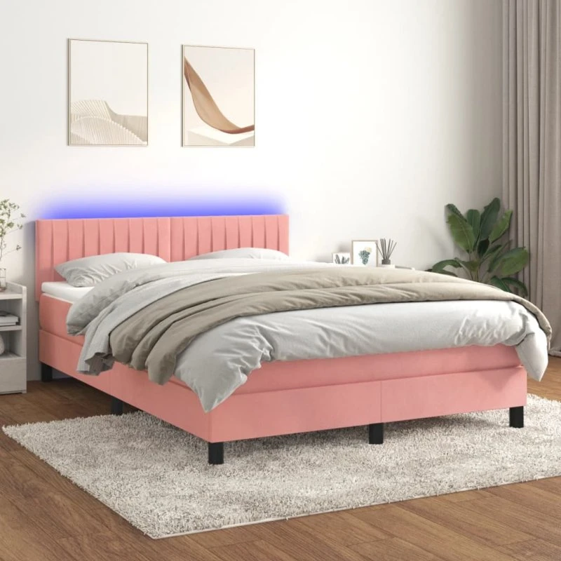 Kontinentalseng 140x190 cm i lyserød fløjl med LED-lys