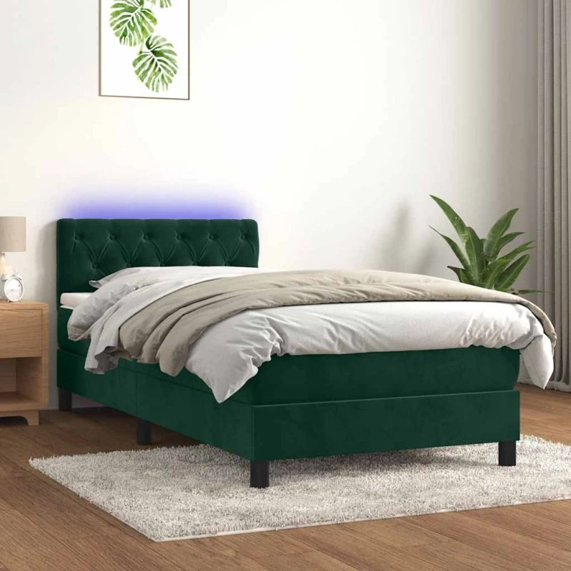 Kontinentalseng 80x200 med madras og LED-lys - velour mørkegrøn