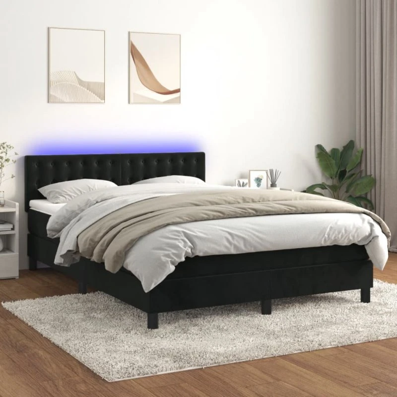 Kontinentalseng 140x190 med madras & LED i sort fløjl