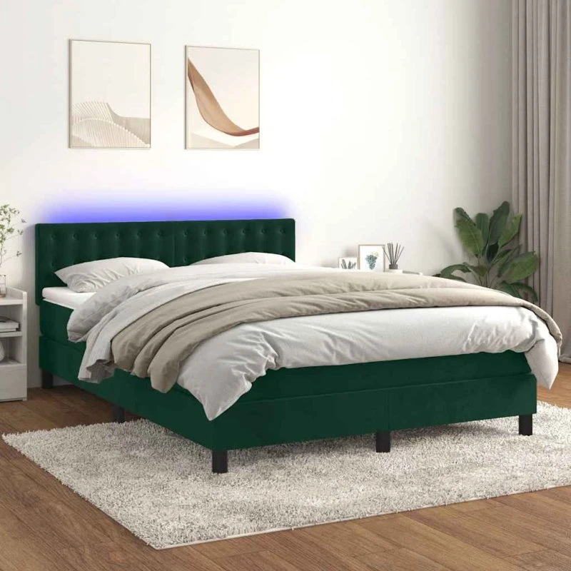 Kontinentalseng 140x190 cm med madras og LED - fløjl mørkegrøn
