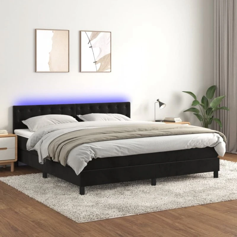 Kontinentalseng 180x200 fløjl med madras & LED-lys - Sort