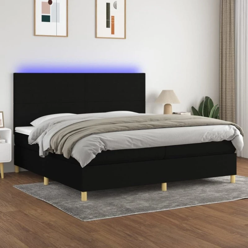 Kontinentalseng 200x200 cm i sort stof med LED-lys