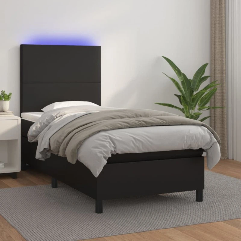 Kontinentalseng 90x200 cm i sort kunstlæder med LED