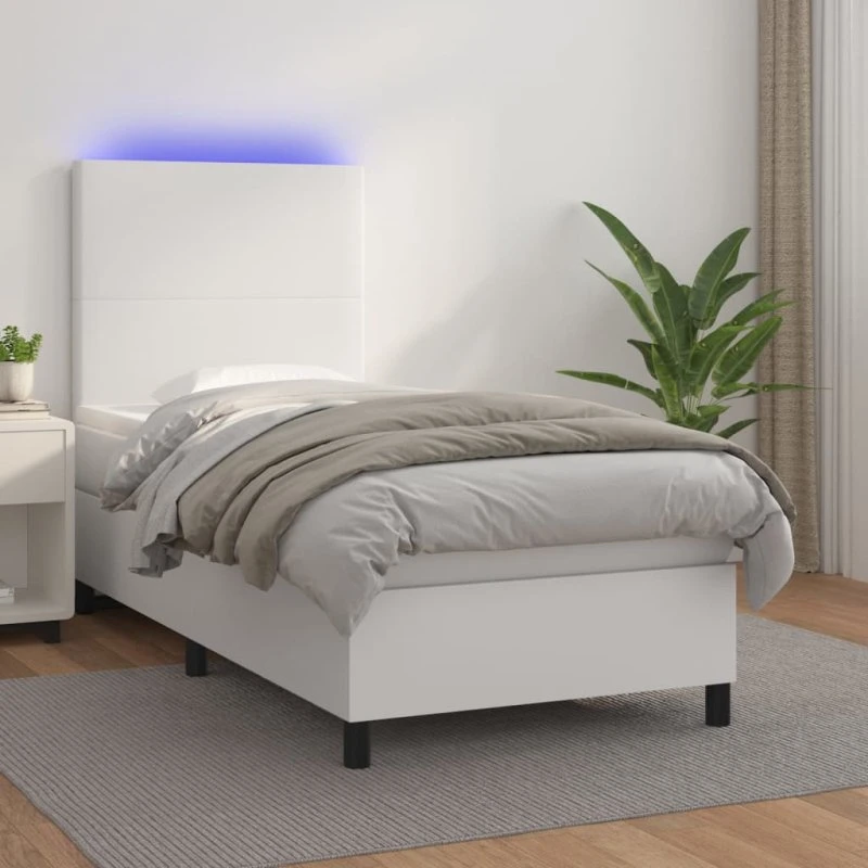 Kontinentalseng 100x200 cm i hvidt kunstlæder med LED