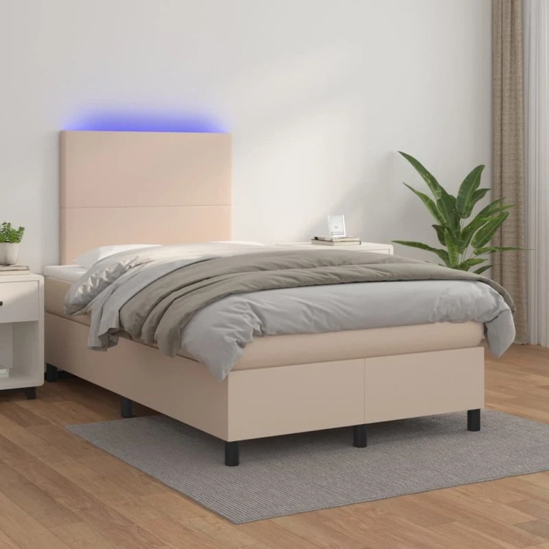 Kontinentalseng 120x200 cm i cappuccino kunstlæder med LED