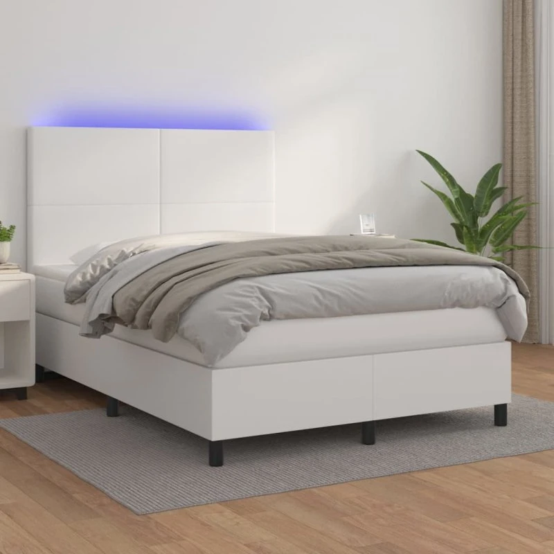 Kontinentalseng 140x190 cm med LED-lys – hvid kunstlæder