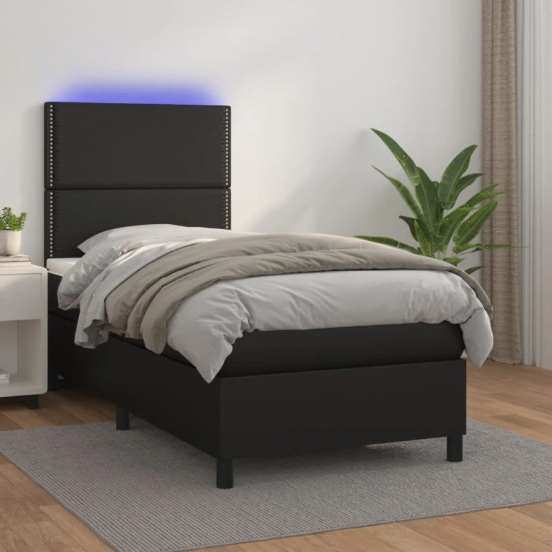 Kontinentalseng 90x200 cm i sort kunstlæder med LED-lys