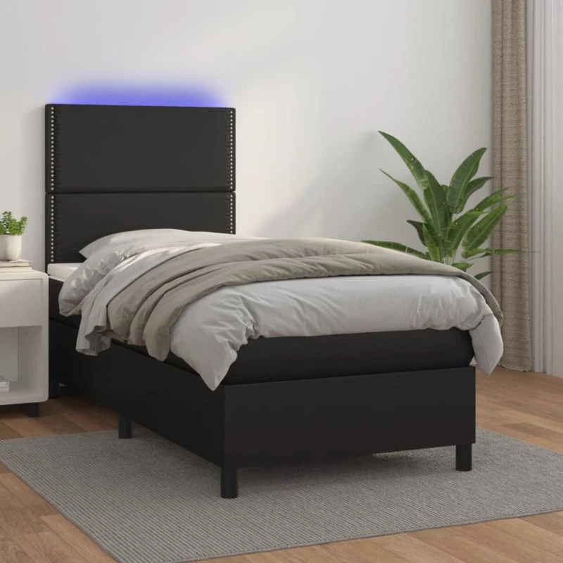 Kontinentalseng 100x200 cm i sort kunstlæder med LED