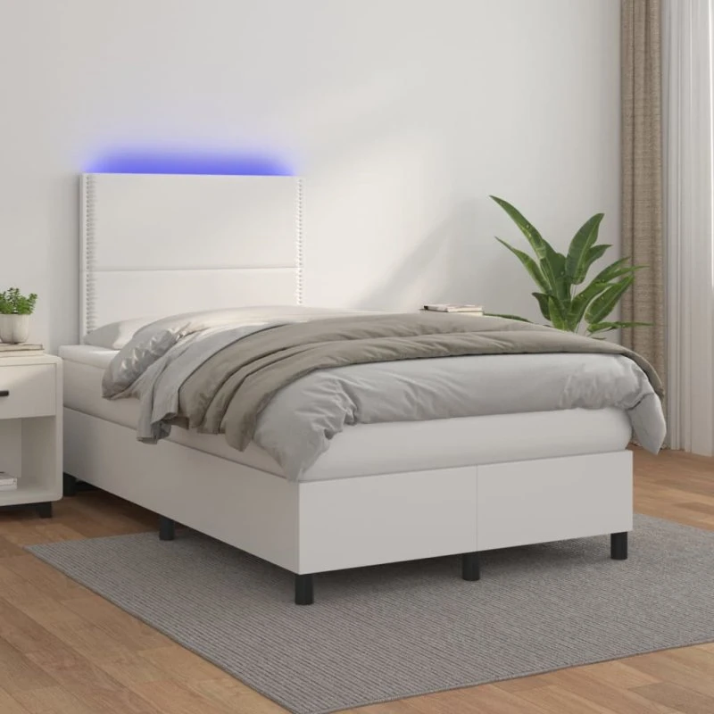 Kontinentalseng 120x200 cm i hvidt kunstlæder med LED-lys