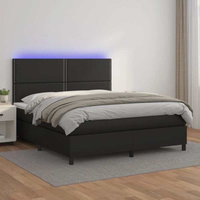 Kontinentalseng 180x200 cm i sort kunstlæder med LED-lys