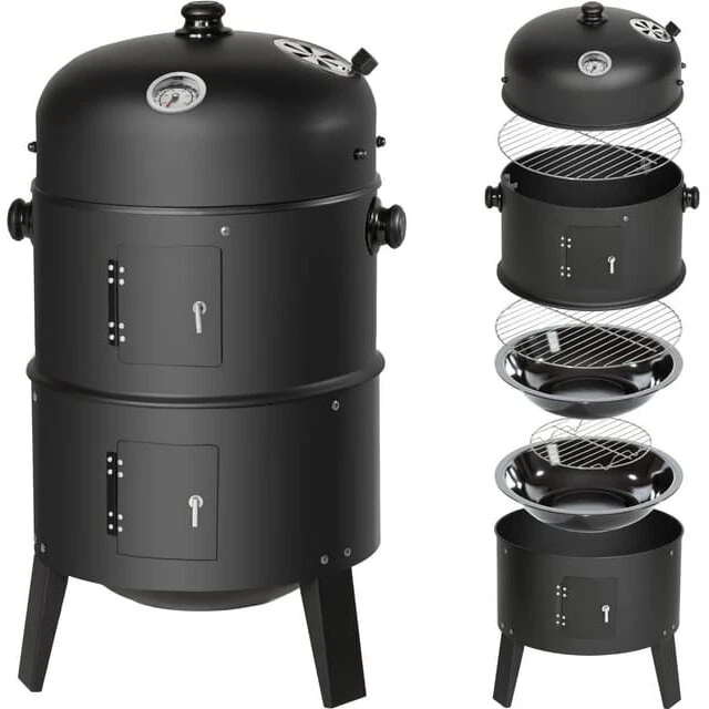 BBQ 3-i-1 trækulsgrill inkl. termometer, sort