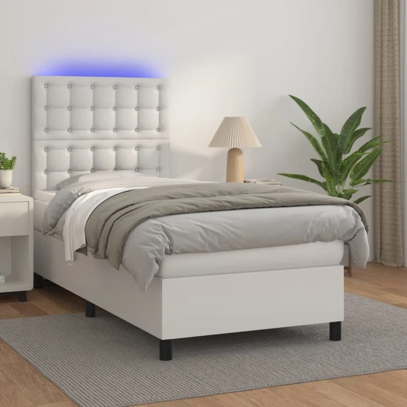 Kontinentalseng 90x190 cm med LED-lys, hvid kunstlæder