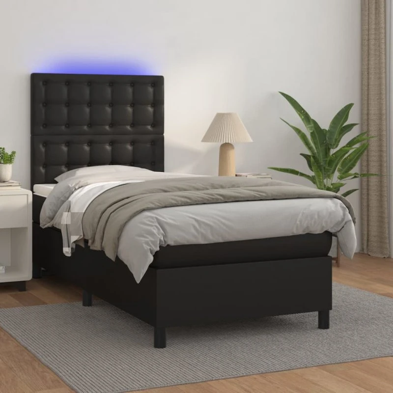 Kontinentalseng 90x200 cm i sort kunstlæder med LED-lys