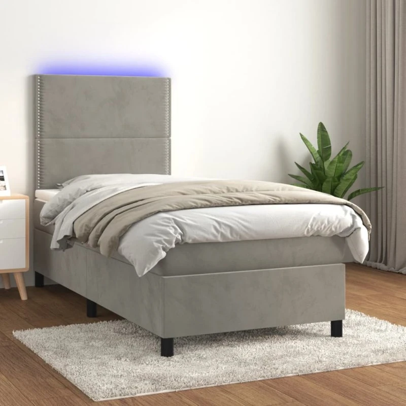 Kontinentalseng 100x200 cm i fløjl med LED-lys, lysegrå