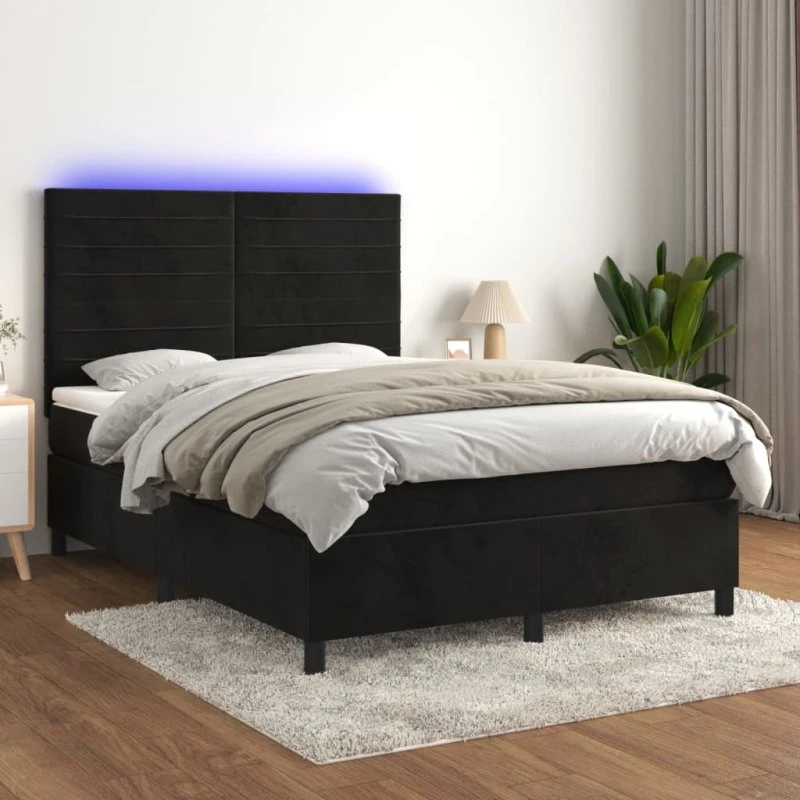 Kontinentalseng 140x190 cm i sort fløjl med LED-lys
