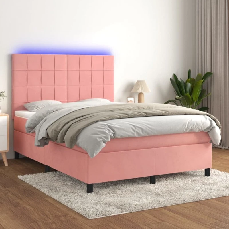 Kontinentalseng 140x190 cm i lyserød fløjl med LED-lys