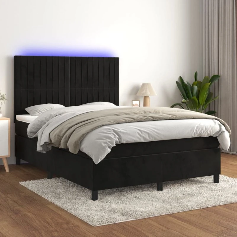 Kontinentalseng 140x190 cm i sort fløjl med LED-lys