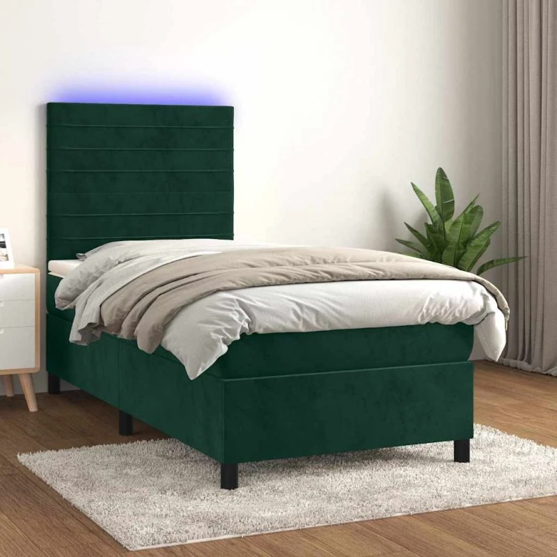Kontinentalseng 90x190 cm i mørkegrøn fløjl med LED