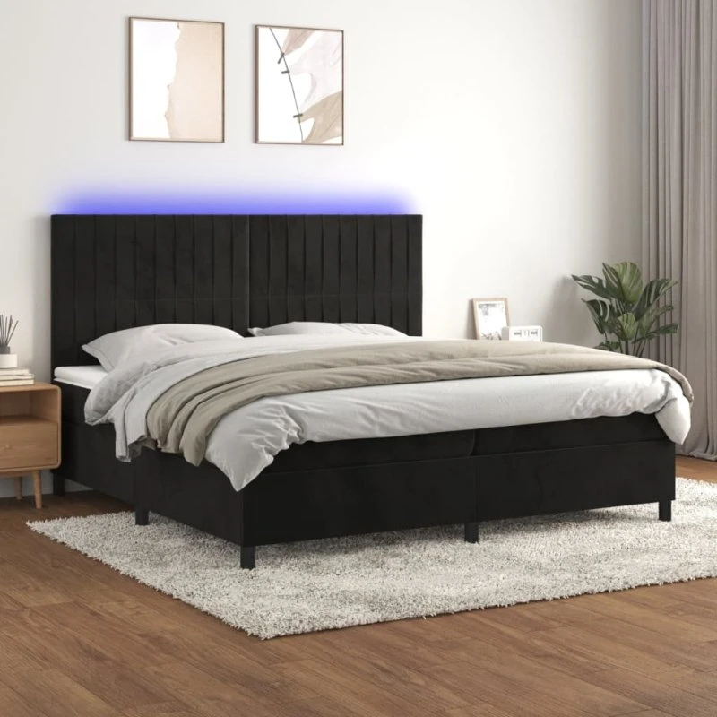Kontinentalseng 200x200 cm i sort fløjl med LED-lys