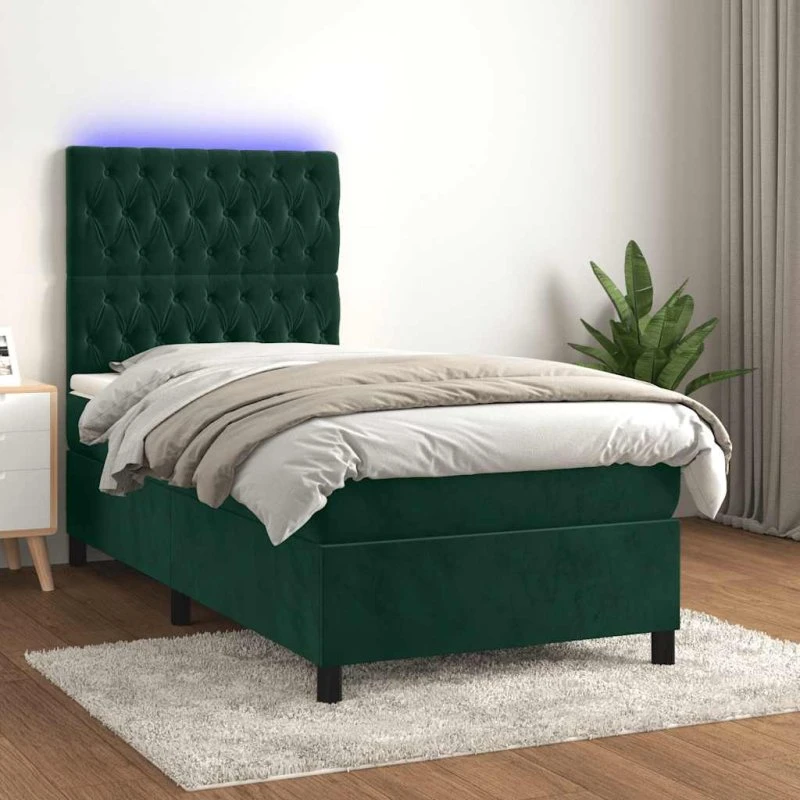 Kontinentalseng 90x190 cm mørkegrøn fløjl med LED-lys