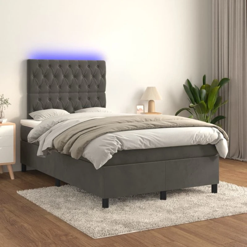 Kontinentalseng 120x200 cm i fløjl med LED-lys - mørkegrå