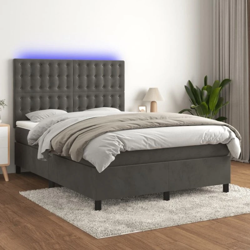 Kontinentalseng 140x190 cm i mørkegrå fløjl med LED-lys