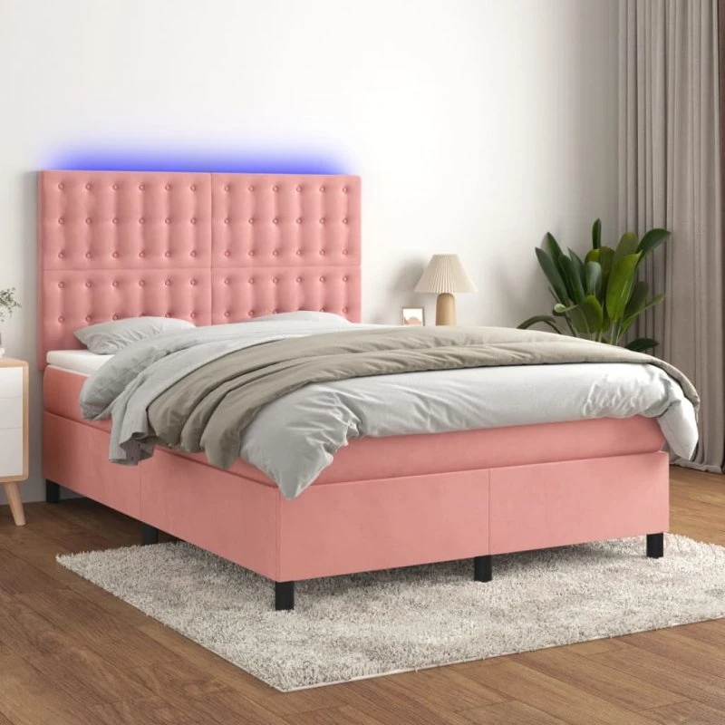 Kontinentalseng 140x190 cm i lyserød fløjl med LED