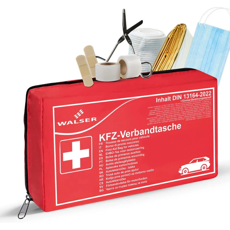 Førstehjælpskasse til bil, rød - DIN 13164:2022