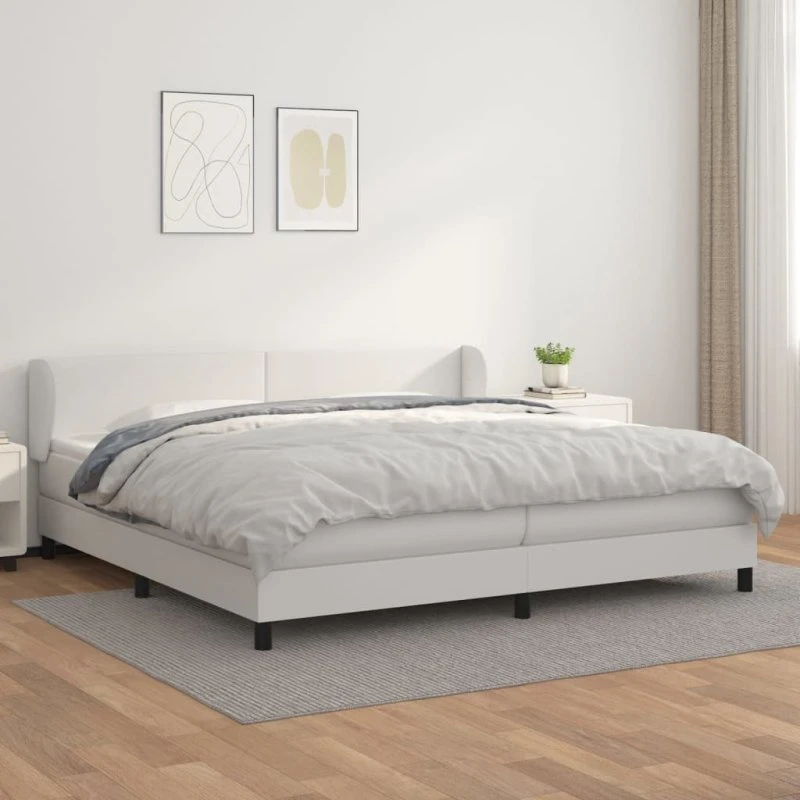 Kontinentalseng 200x200 cm i hvidt kunstlæder med madras