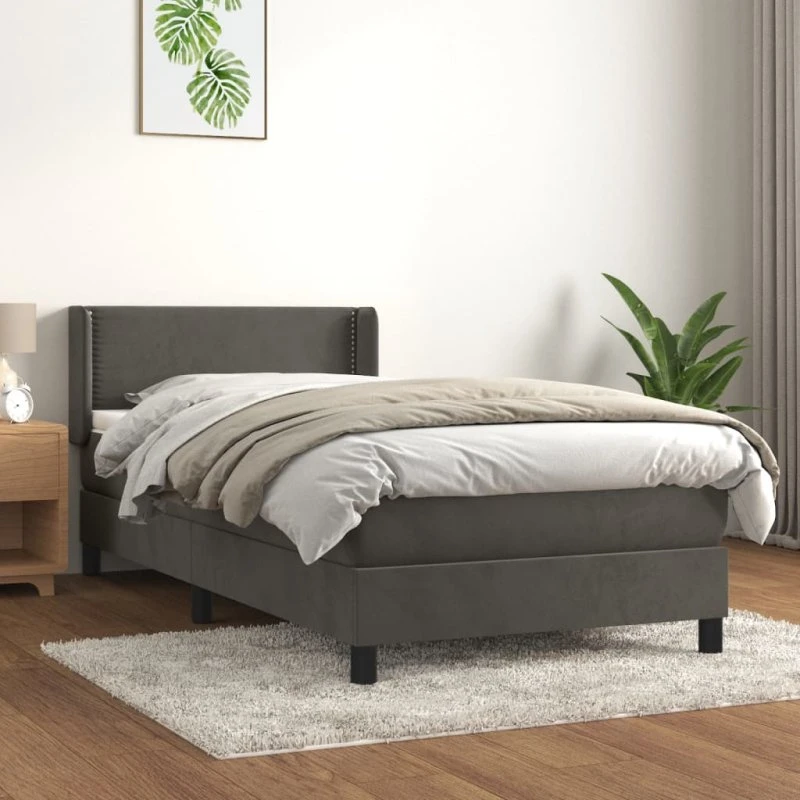 Kontinentalseng 90x190 cm i mørkegrå fløjl med pocketmadras