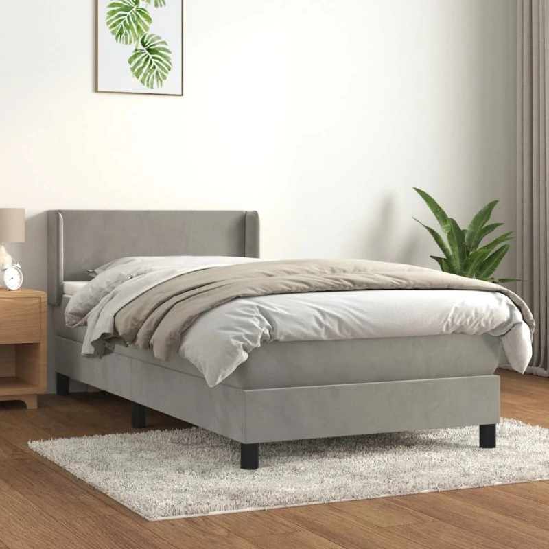 Kontinentalseng 80x200 cm i lysegrå fløjl med madras