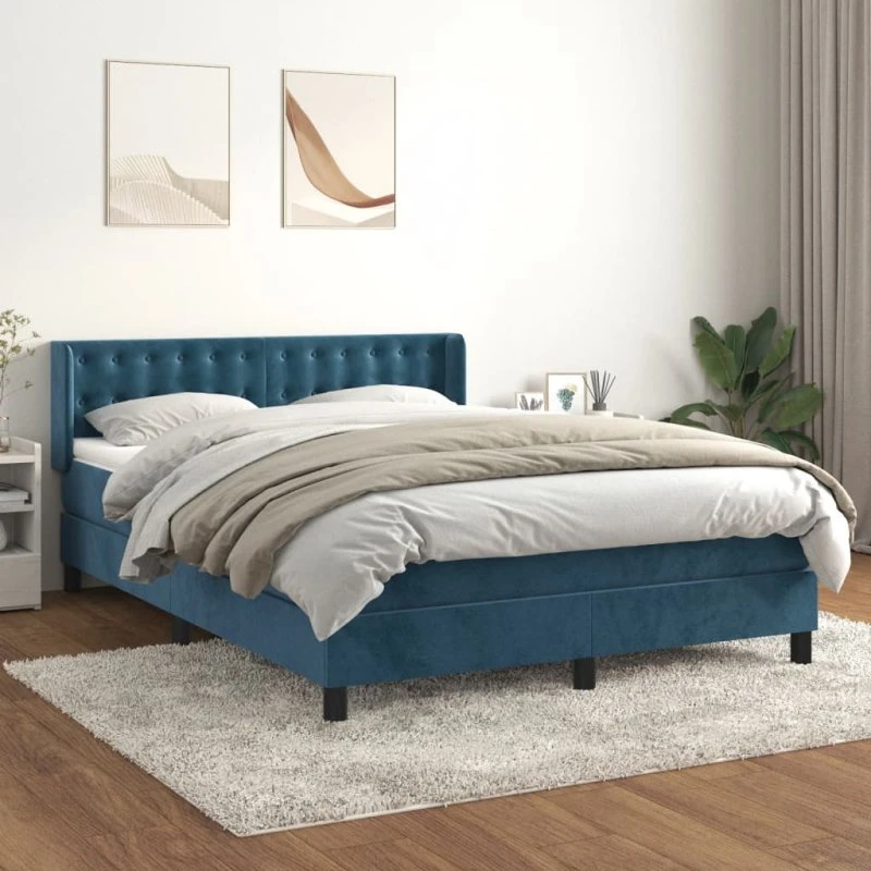 Kontinentalseng 140x190 cm mørkeblå fløjl med pocketmadras