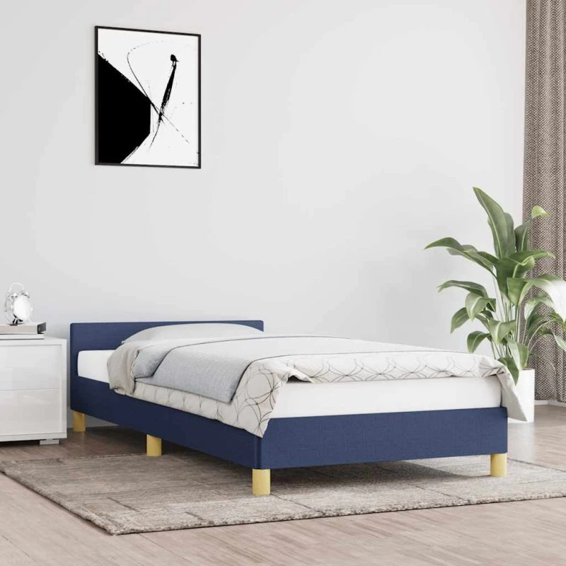 Sengeramme med hovedgærde i blå stof 100x200 cm