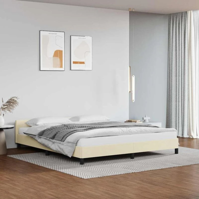 Sengeramme med hovedgærde i creme 160x200 cm, kunstlæder