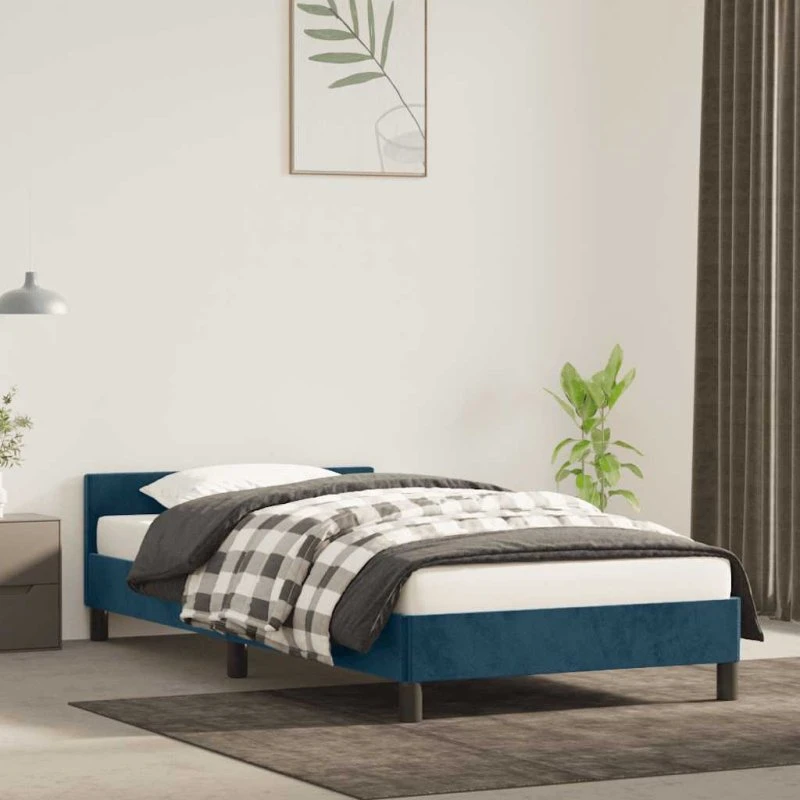 Sengeramme i mørkeblå fløjl 80x200 cm med gavl