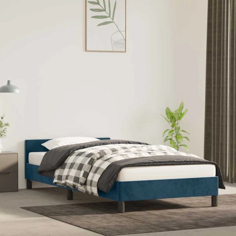 Sengeramme i mørkeblå fløjl 90x190 cm (uden madras)