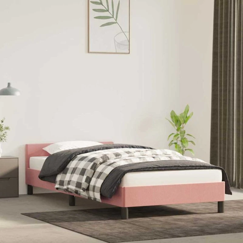 Sengeramme med sengegavl i pink fløjl 90x190 cm (uden madras)