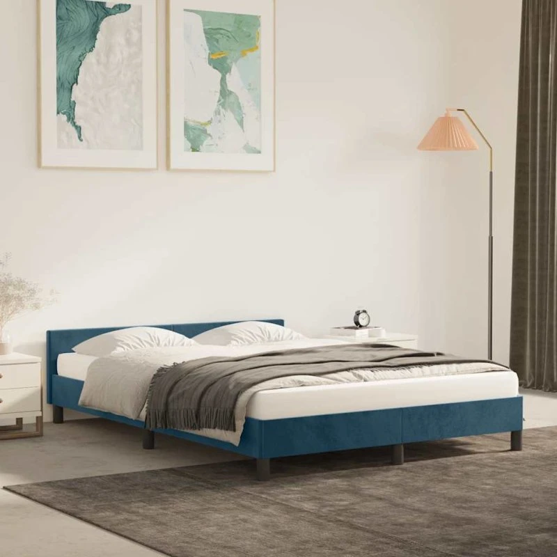 Fløjls-sengeramme 140x200 cm med gavl – mørkeblå