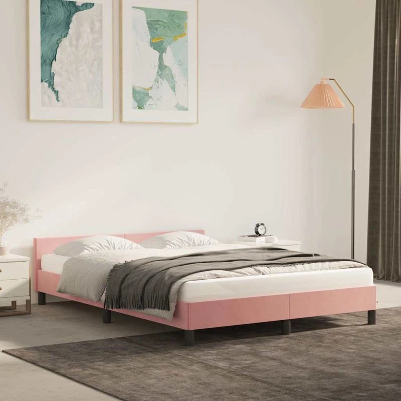 Sengeramme med hovedgærde 140x200 cm - Pink velour