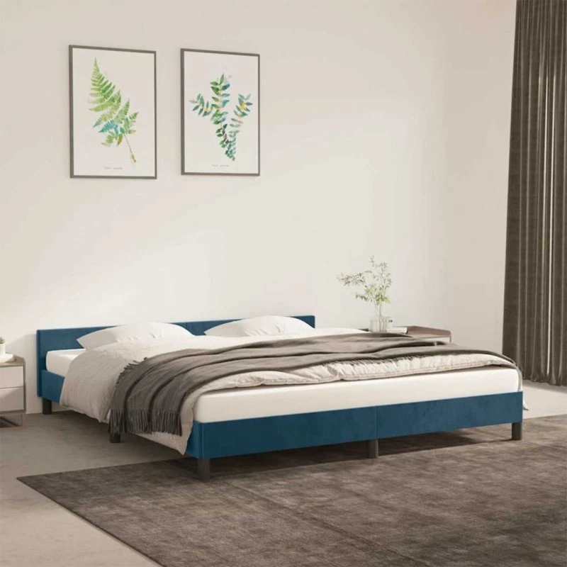 Sengeramme 180x200 cm i mørkeblå fløjl med gavl