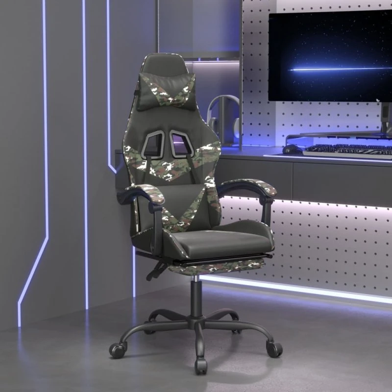 Drejelig gamingstol med fodstøtte i sort camouflage (kunstlæder)