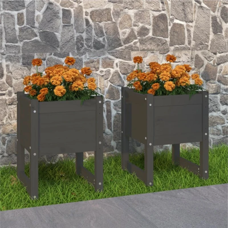 Plantekasser i massivt fyrretræ 2 stk. 40x40x52,5 cm (grå)