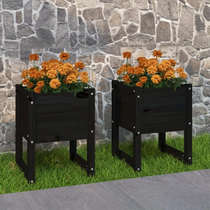 Plantekasser i massivt fyrretræ 2 stk. 40x40x52,5 cm sort