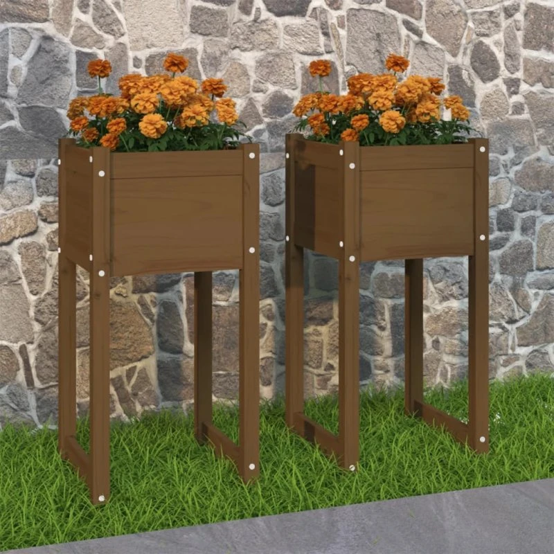 Plantekasser i massivt fyrretræ 2 stk 40×40×81 cm - gyldenbrun