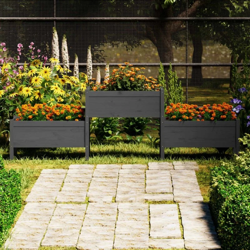 Plantekasse i massivt fyrretræ 245,5×44×75 cm – grå