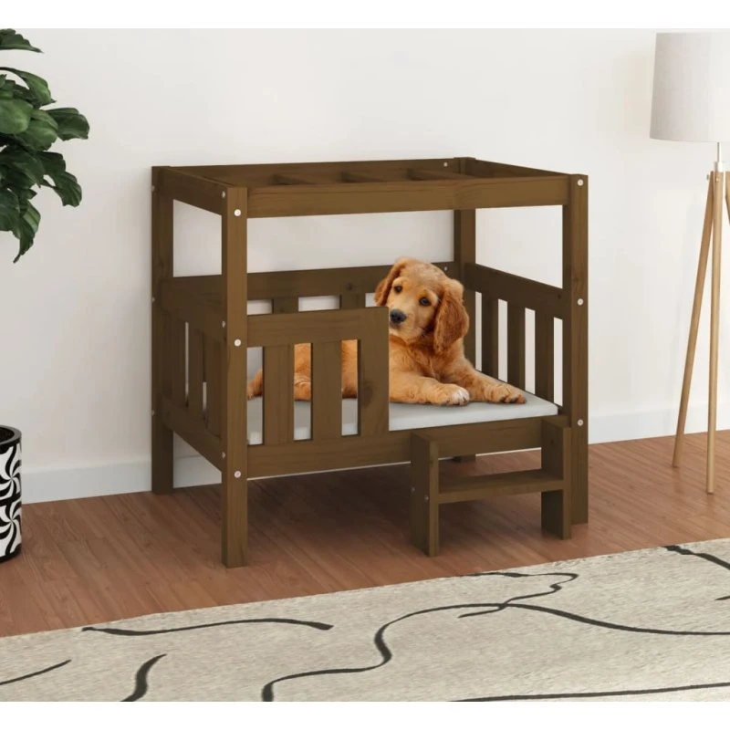 Hundeseng i massivt fyrretræ 75,5×63,5×70 cm – gyldenbrun
