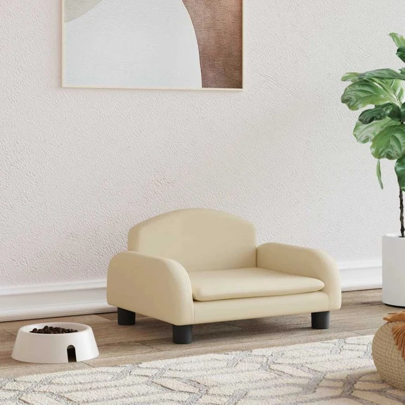 Hundeseng 50x40x30 cm i creme med fyld og træstel